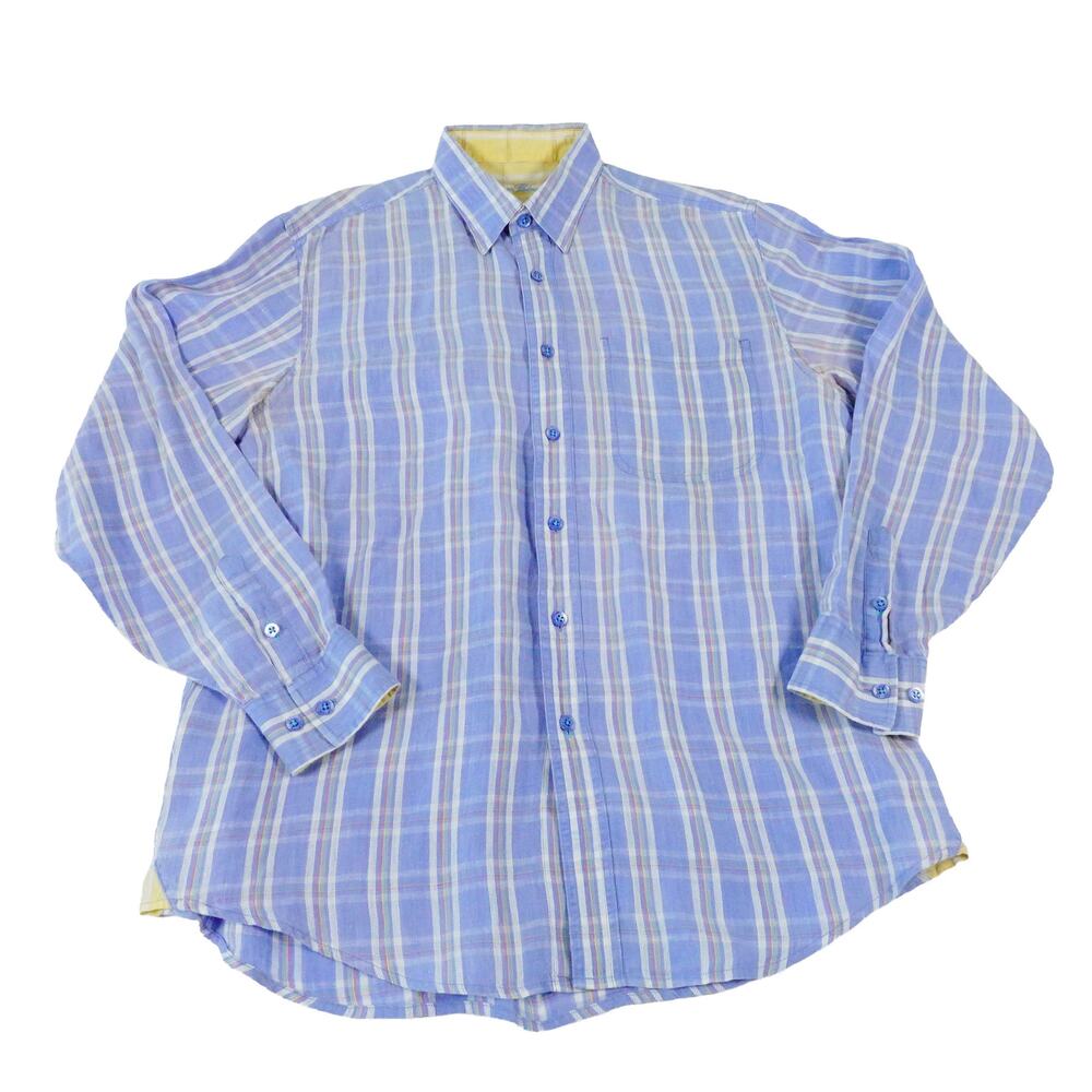 Tommy Bahama Indigo Palms Linen Plaid Button Up Tropical Shirt Large